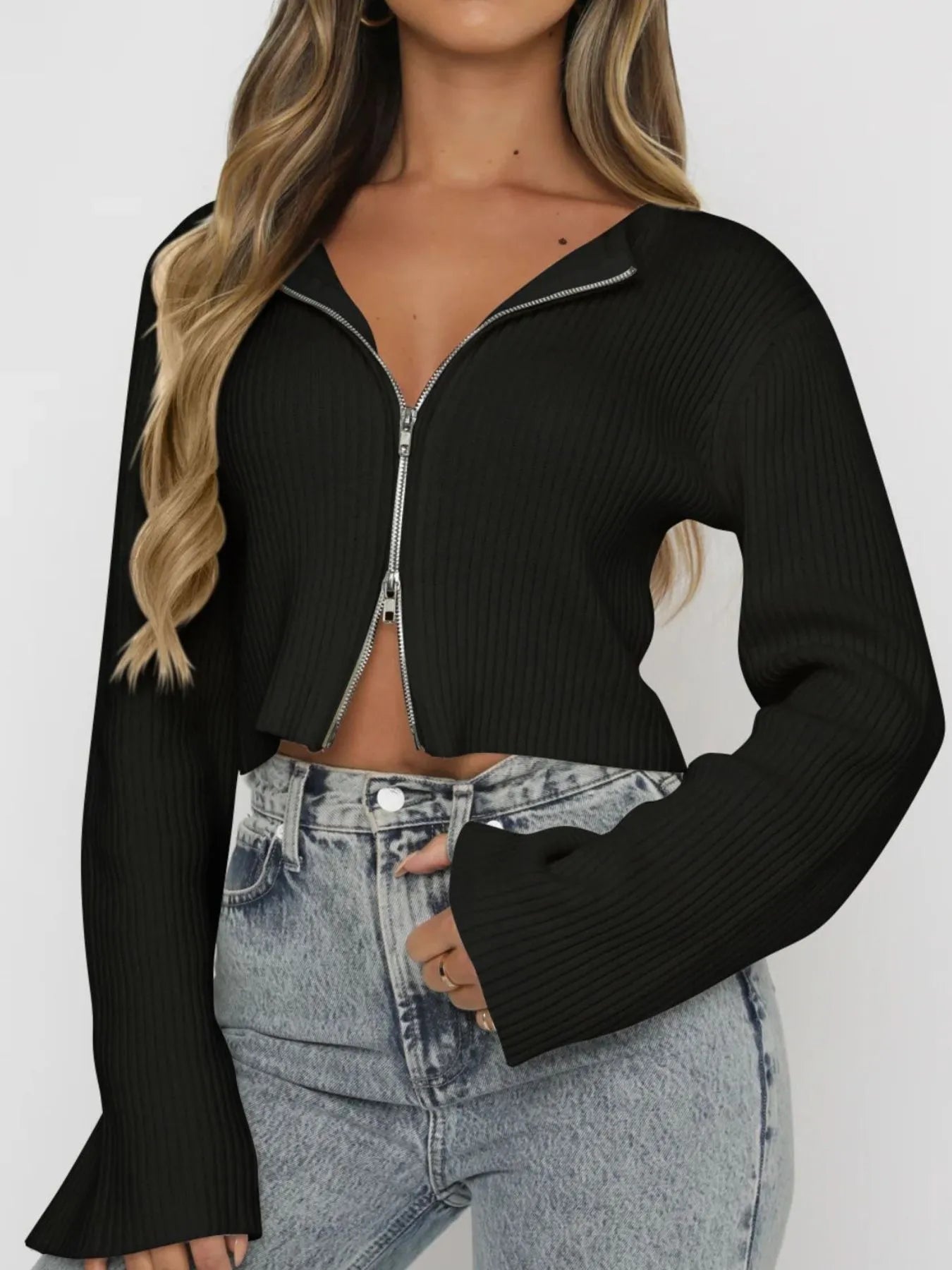 Saira - Camiseta de manga larga de canalé con cremallera