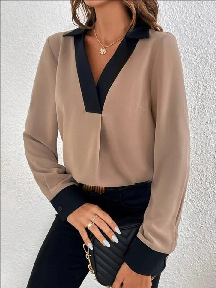 Eunike - Elegante blusa de manga larga con cuello en V profundo