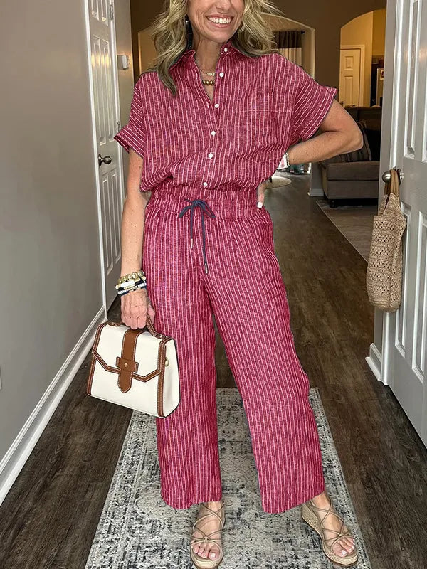 Malou - Conjunto informal de camisa suelta abotonada y pantalón ancho