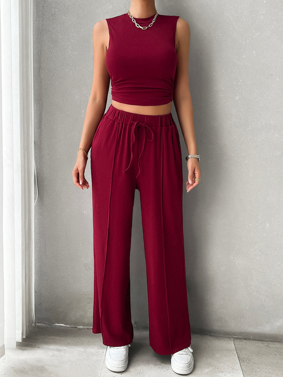 Jelai - Conjunto casual de camiseta sin mangas y pantalón con cordón de ajuste