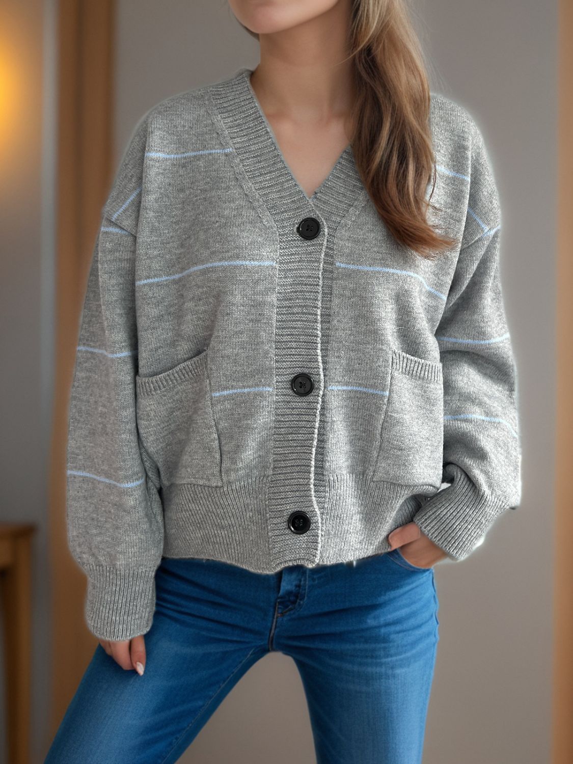 Aubrey - Chaqueta informal de manga larga con cuello en V y botones a rayas