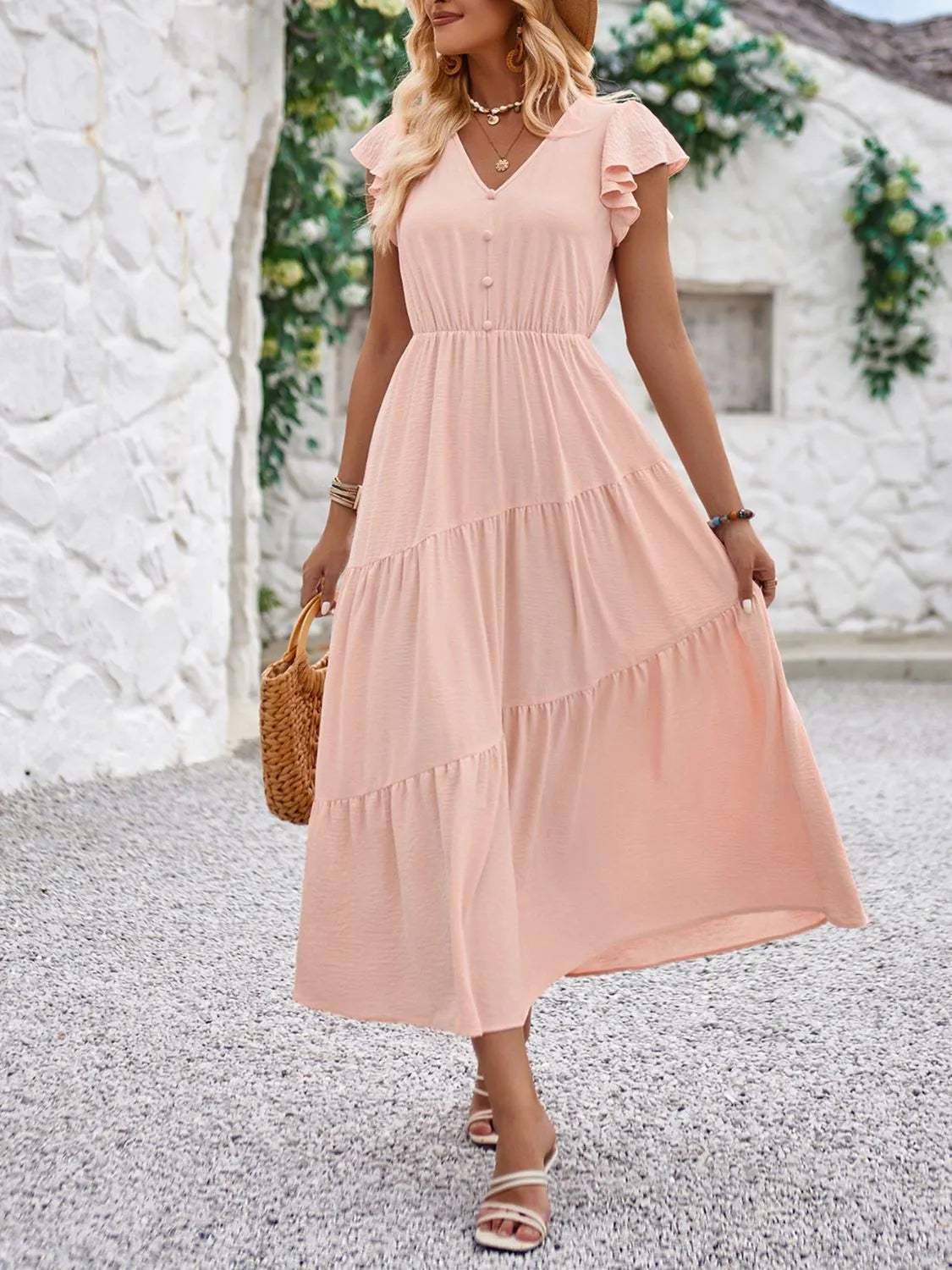 Riza - Elegante vestido con cuello en V y mangas de volante