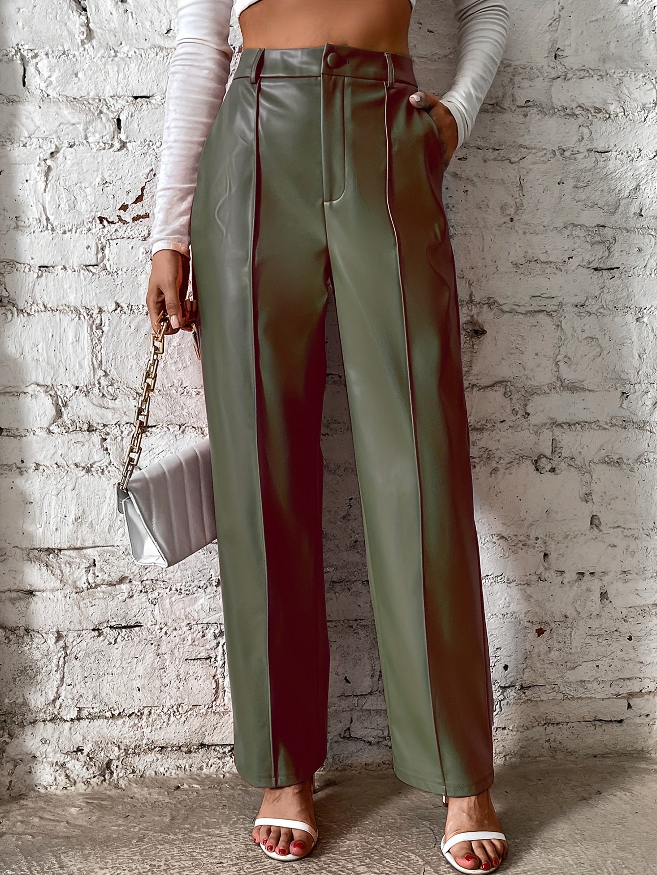 Shanelle - Pantalón de cuero de talle alto y pierna recta
