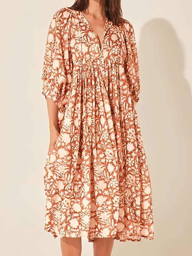 Mercy - Vestido de manga acampanada de estilo floral holgado y casual