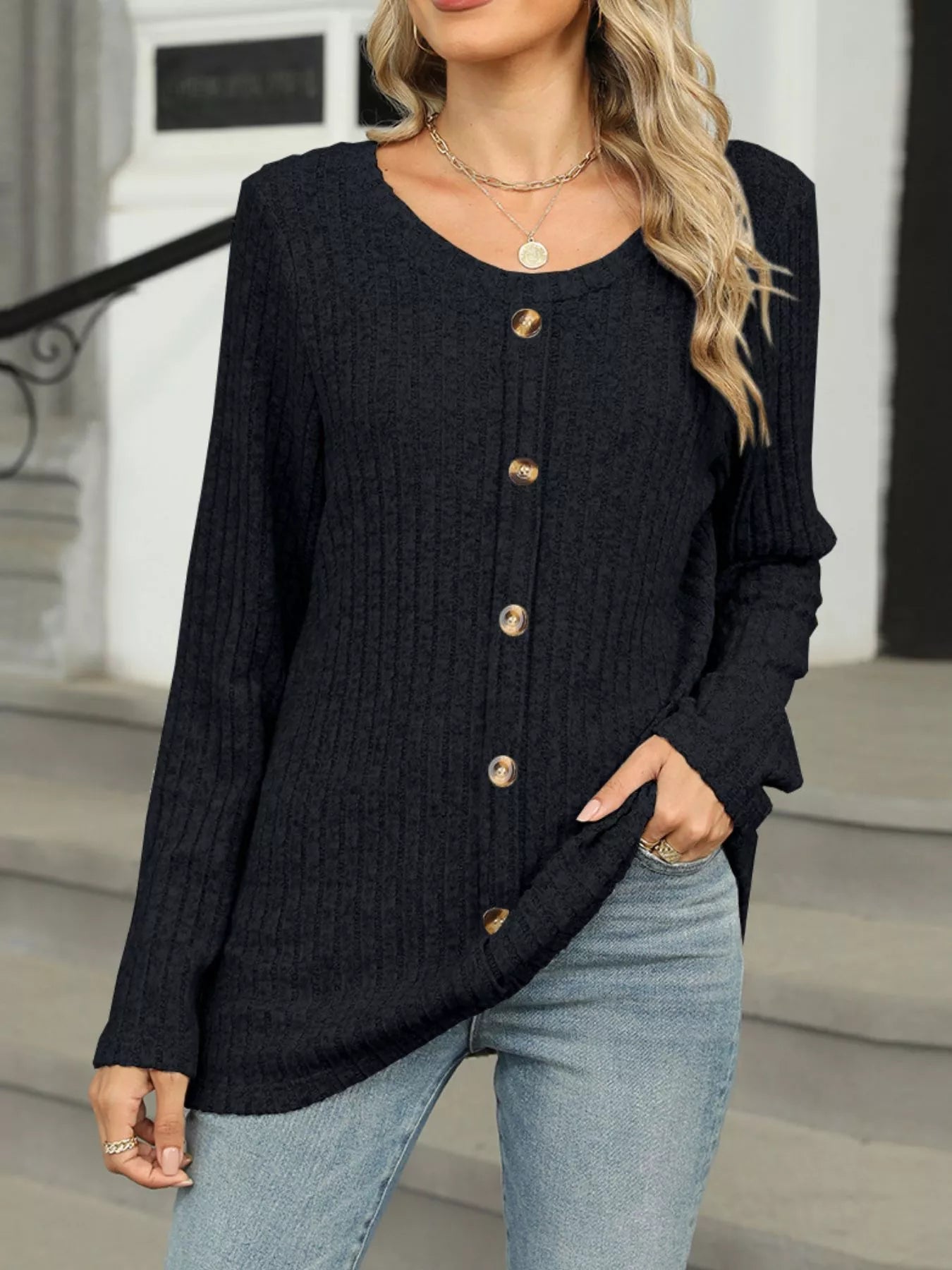 Belana - Elegante sudadera de manga larga con botones y cuello redondo de punto acanalado