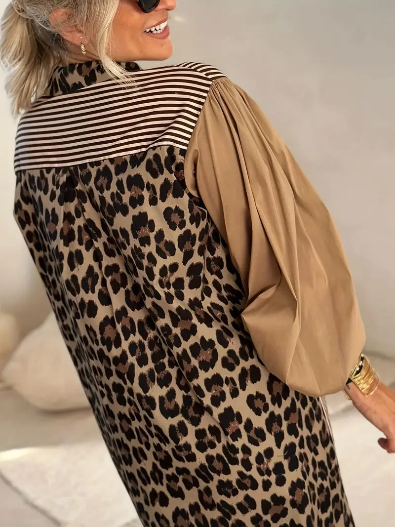 Elin – Vestido estampado leopardo manga abullonada