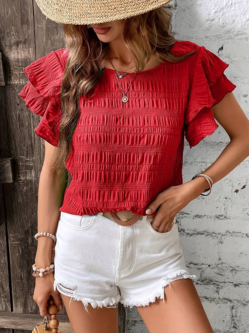 Catty - Elegante blusa de manga corta con volantes en capas y bordes texturizados