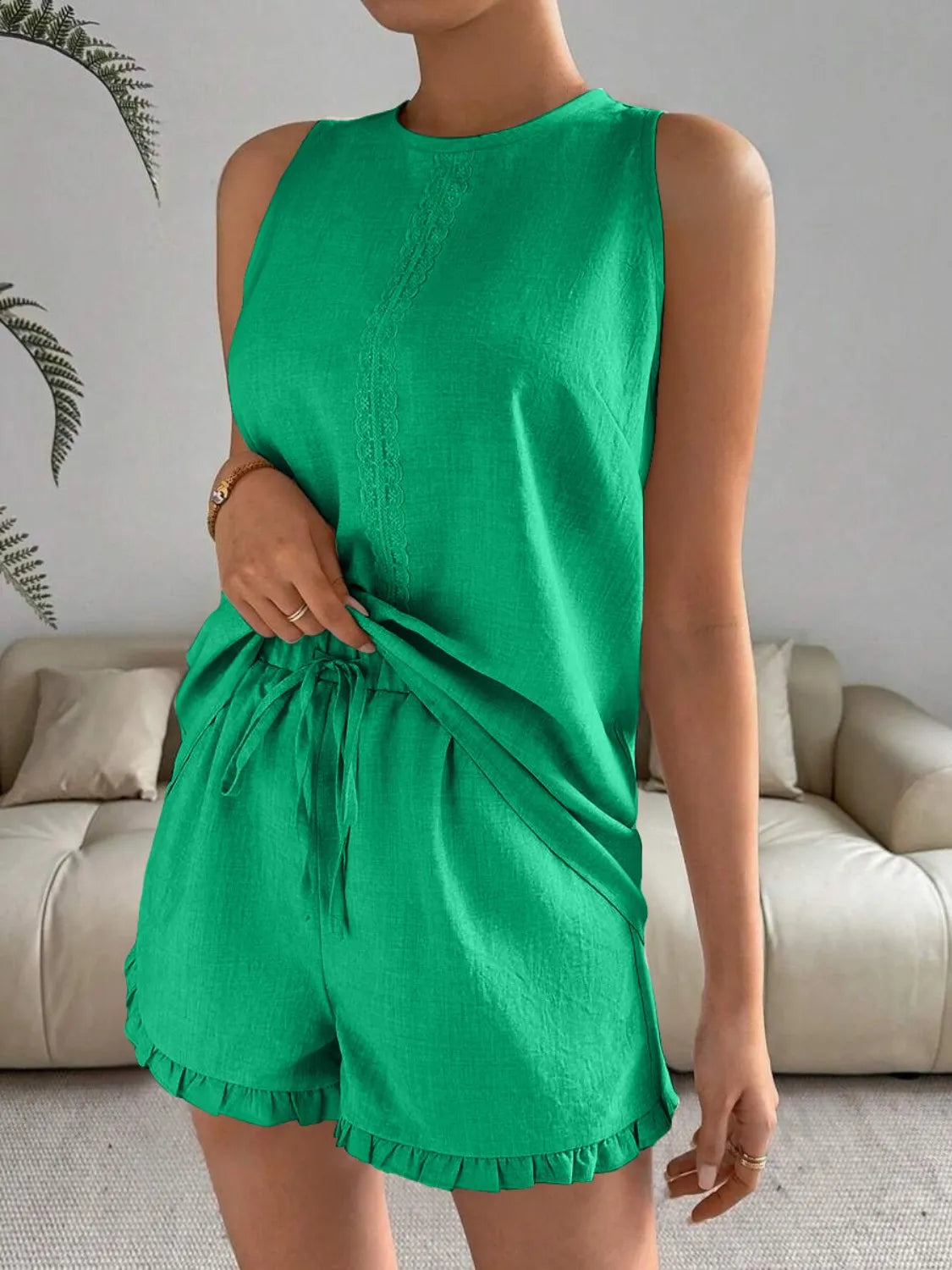 Marissa - Elegante conjunto de top sin mangas y pantalón corto de cuello redondo