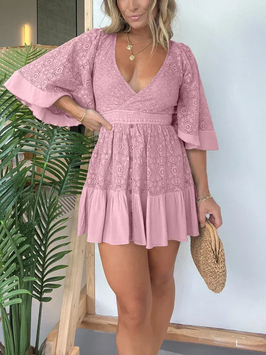 Leonora - Elegante mini vestido de encaje con escote en V y manga murciélago