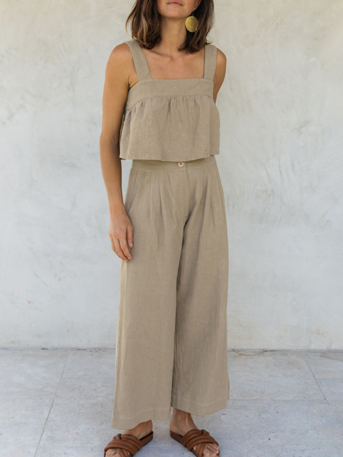 Meilin - Elegante conjunto de top corto con cuello cuadrado y tirantes anchos y pantalones