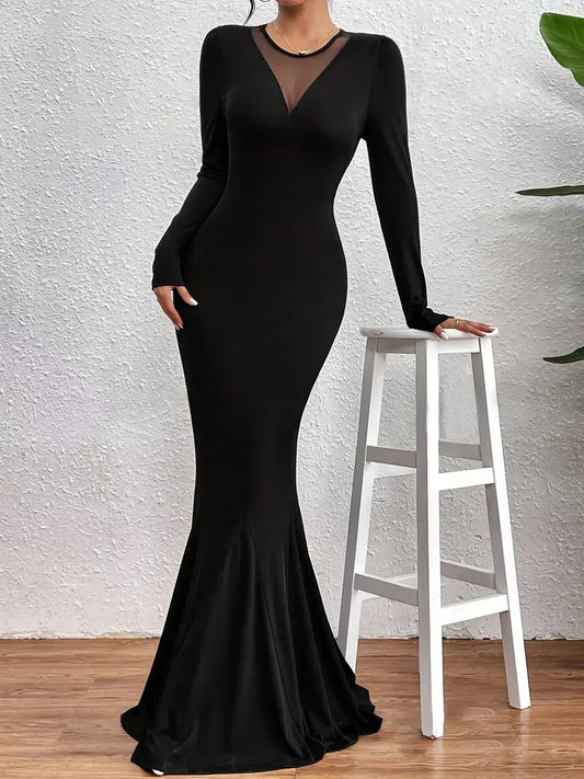 Aniza – Vestido largo con escote en pico y manga larga en malla