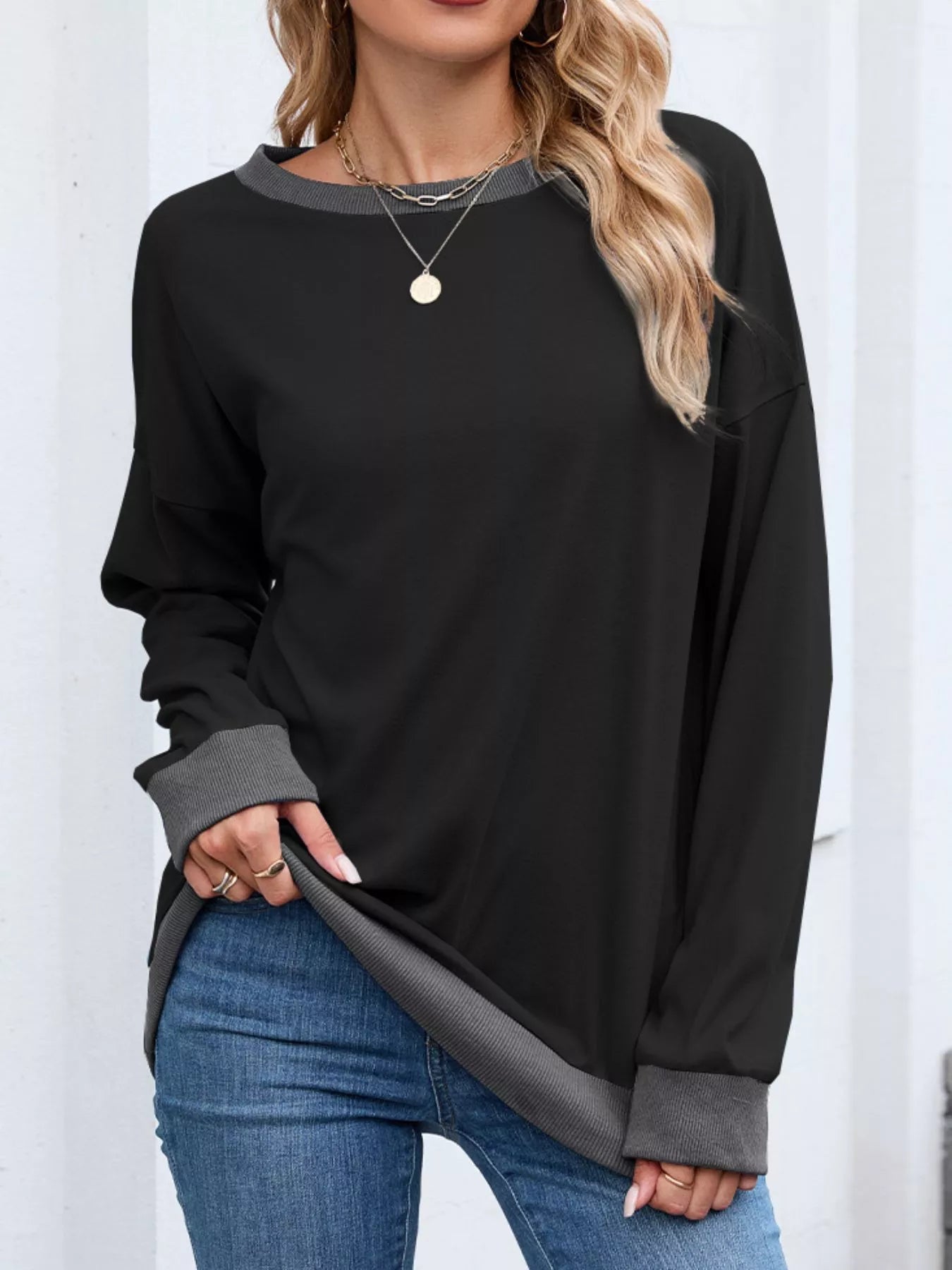 Danette - Sudadera informal de manga larga con ribetes en contraste
