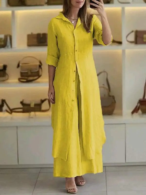 Sunniva - Conjunto informal de vestido largo abotonado de lino y pantalones anchos