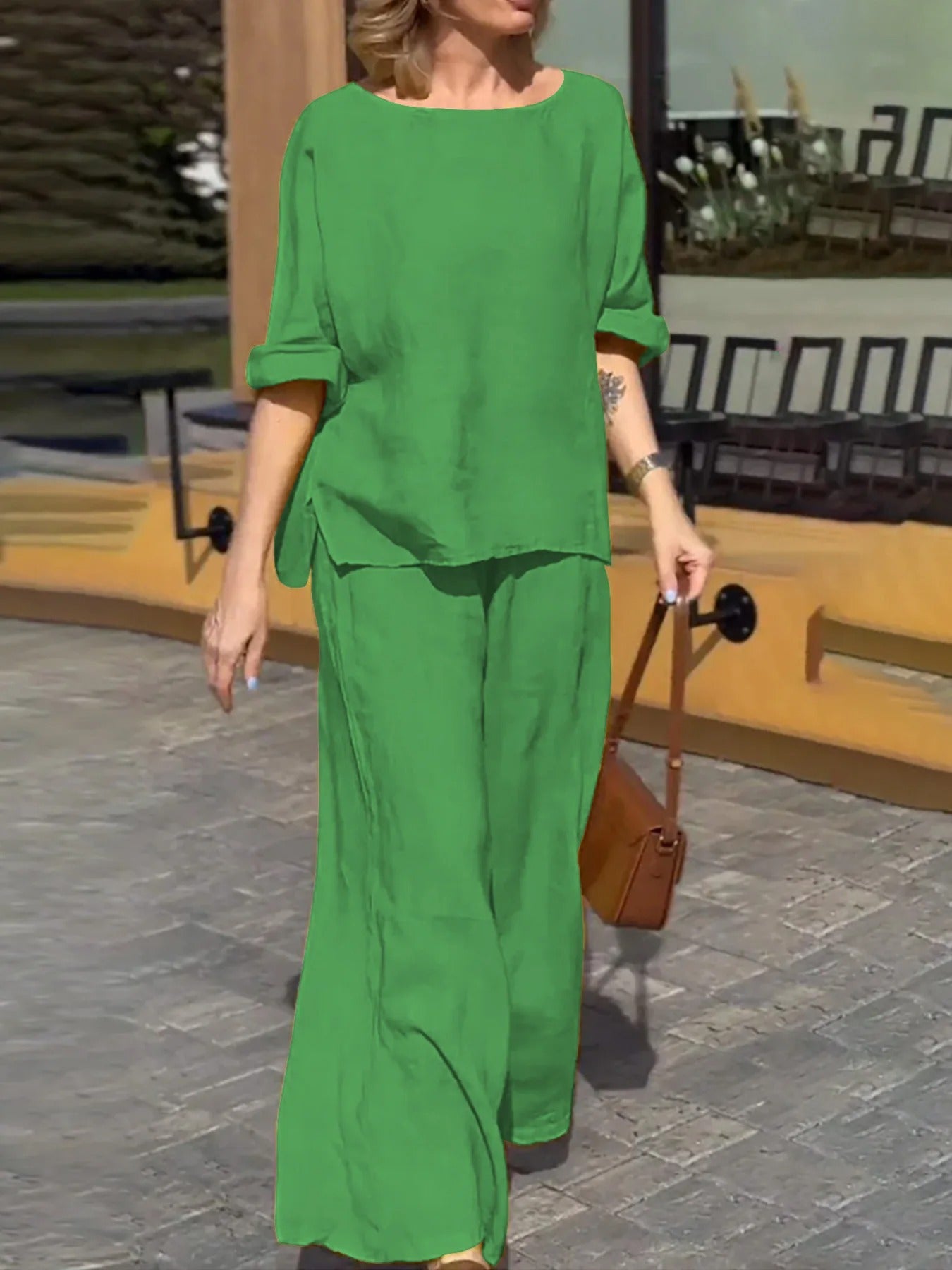 Alaya - Conjunto informal de blusa holgada y pantalones de pierna ancha