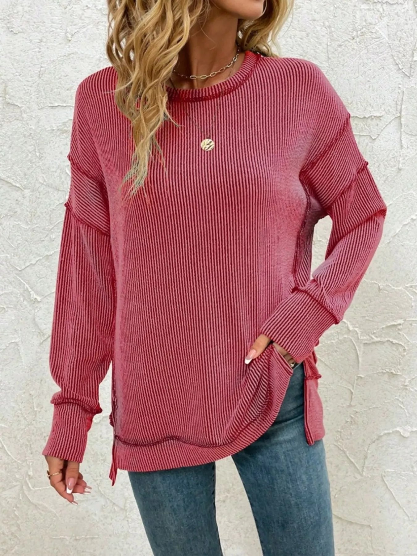 Aimy - Elegante jersey de cuello redondo con rayas y abertura lateral