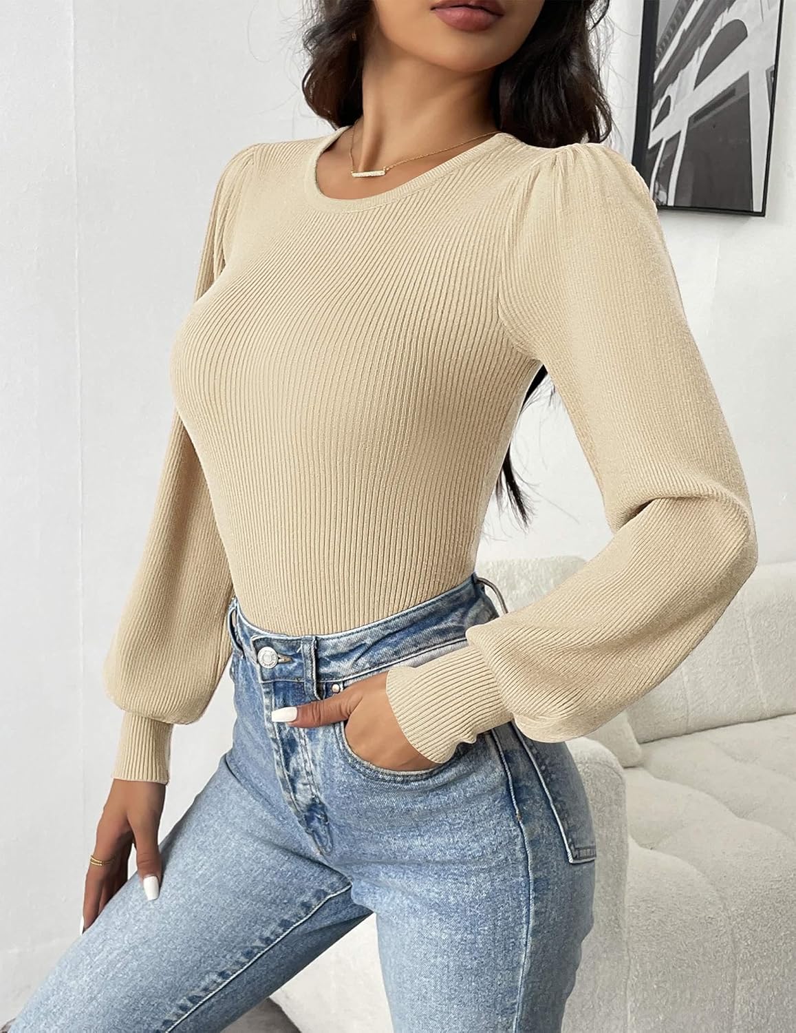 Cristelle - Elegante blusa de manga larga de punto elástico