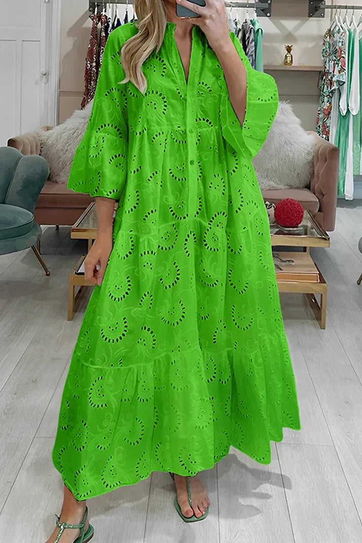 Mirasol - Elegante maxi vestido vintage bordado de manga acampanada