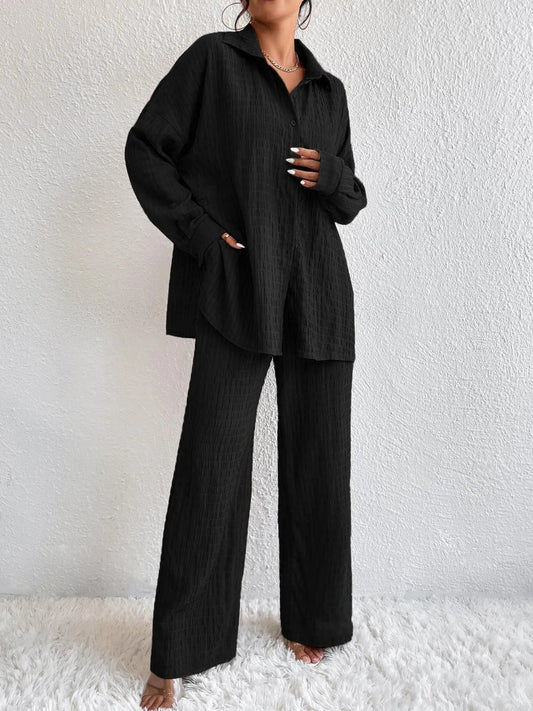 Lydia - Elegante conjunto de blusa abotonada de manga larga y pantalón