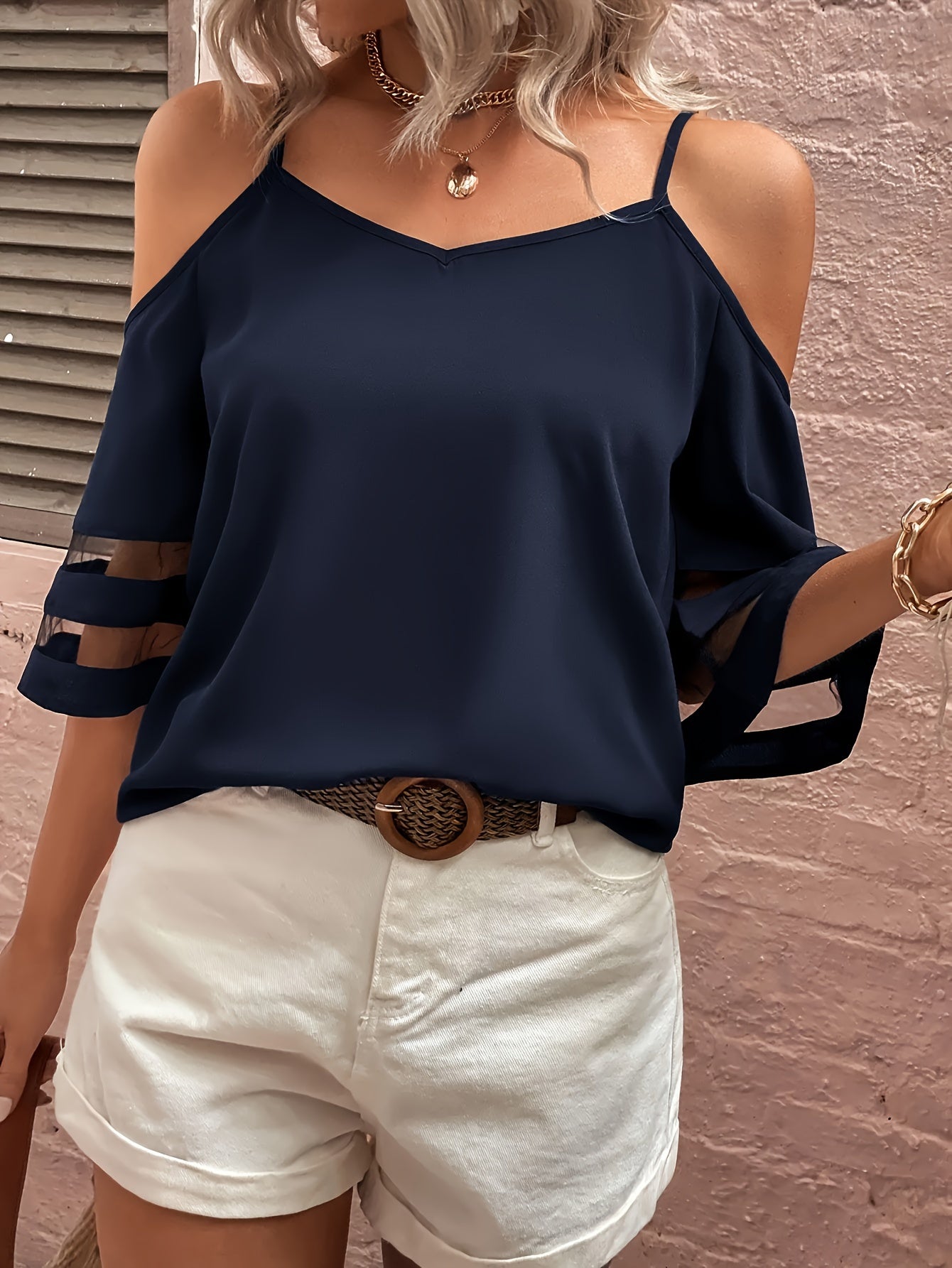 Emmaline - Blusa informal de media manga y hombros descubiertos