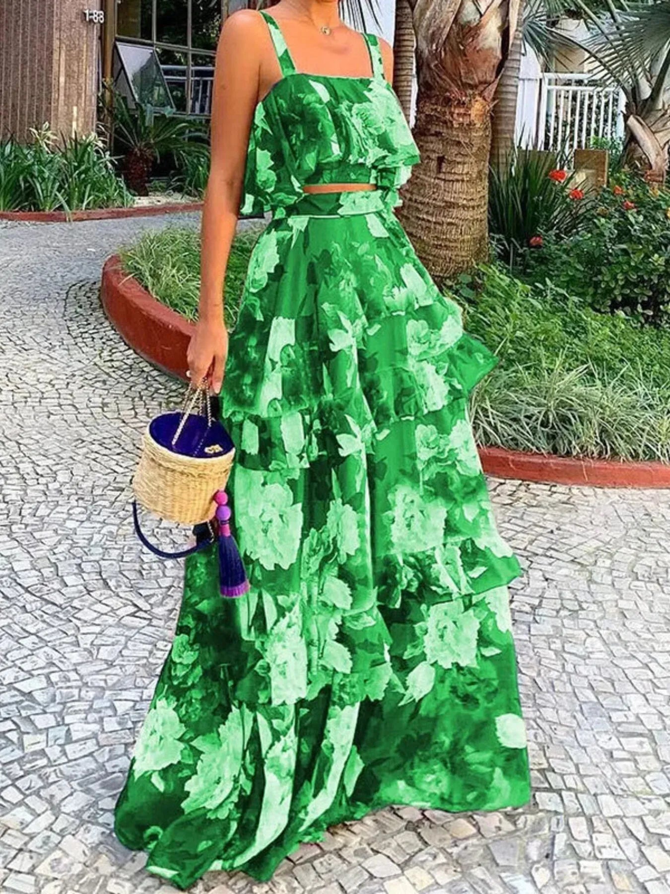 Leslie - Conjunto elegante de top corto con tirantes y falda holgada con capas