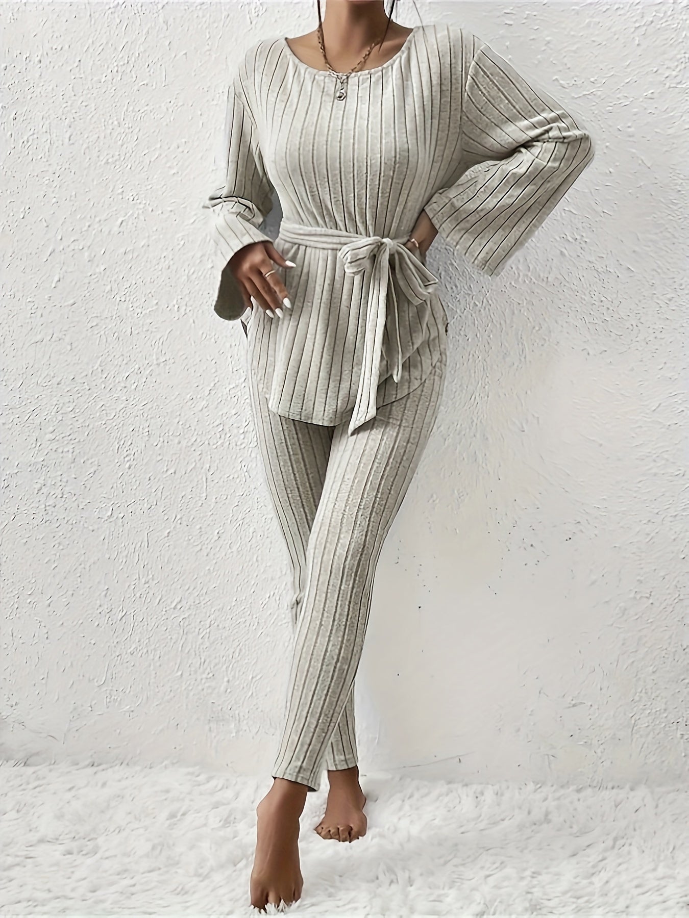 Victorina - Conjunto chic de top y pantalón de manga larga de canalé