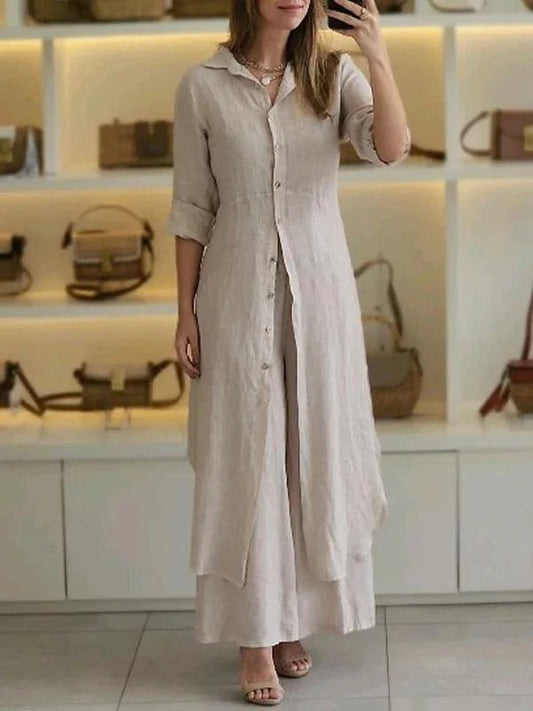 Sunniva - Conjunto informal de vestido largo abotonado de lino y pantalones anchos