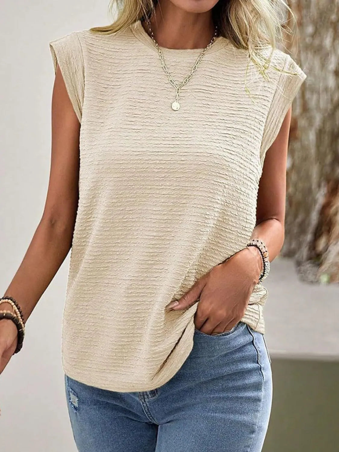 Aniya - Top casual de cuello redondo de canalé con textura