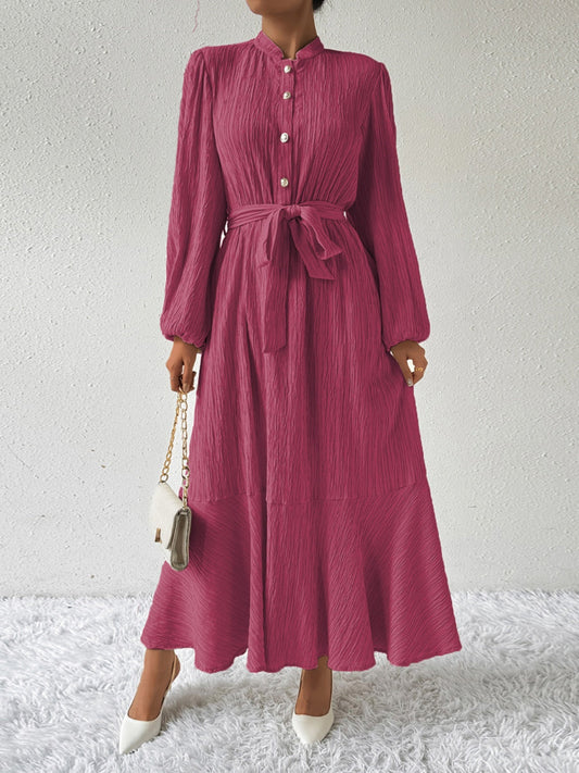 Anne - Elegante vestido largo de manga larga con cinturón de corbata