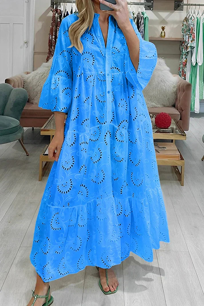 Mirasol - Elegante maxi vestido vintage bordado de manga acampanada