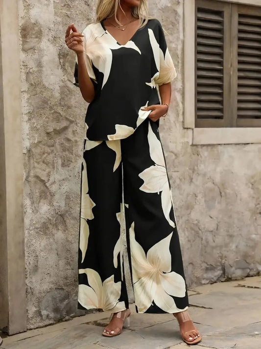 Estelle - Elegante conjunto de blusa con escote en V y pantalón de pierna ancha con estampado floral para mujer
