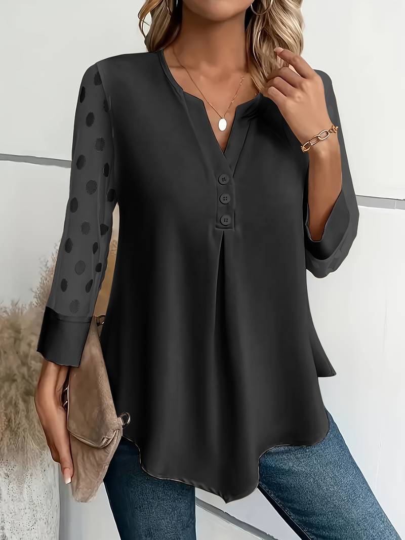 Aireen - Elegante blusa con cuello de pico y mangas de lunares