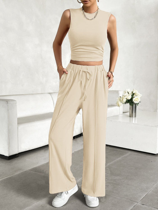Jelai - Conjunto casual de camiseta sin mangas y pantalón con cordón de ajuste