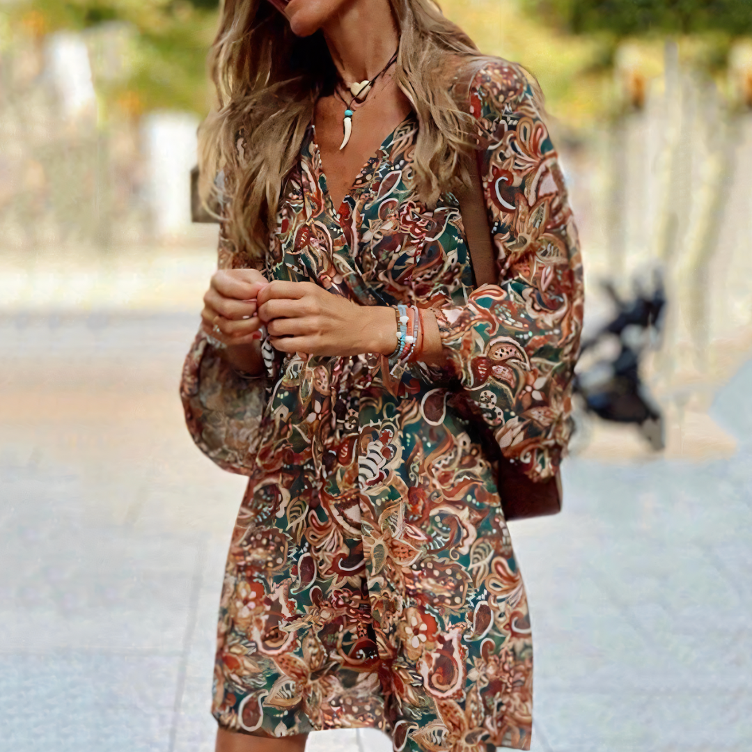 Rhianne - Elegante minivestido floral con escote en V profundo