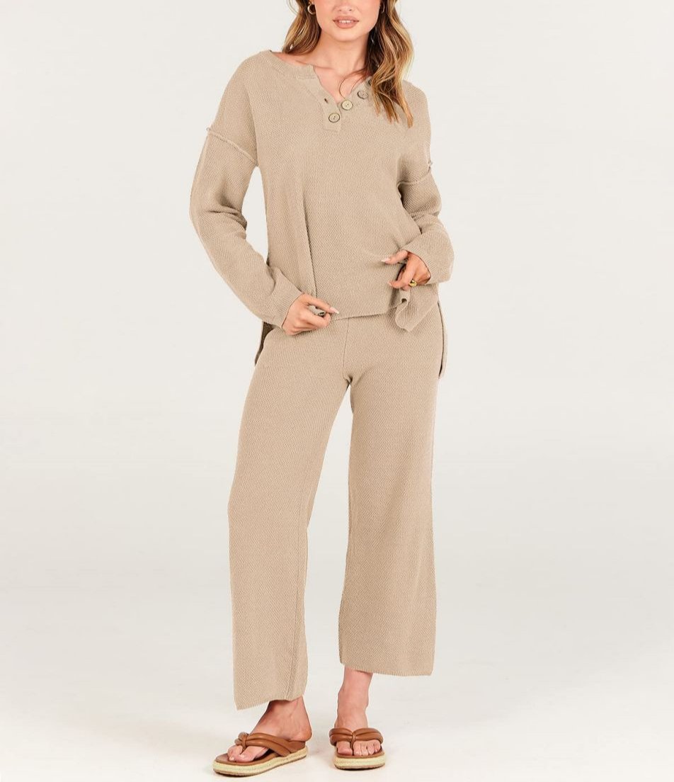 Lavina - Elegante conjunto de jersey y pantalón con cuello de pico y botones sueltos