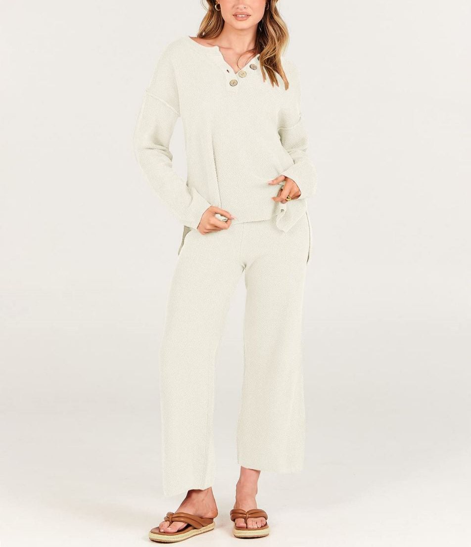 Lavina - Elegante conjunto de jersey y pantalón con cuello de pico y botones sueltos