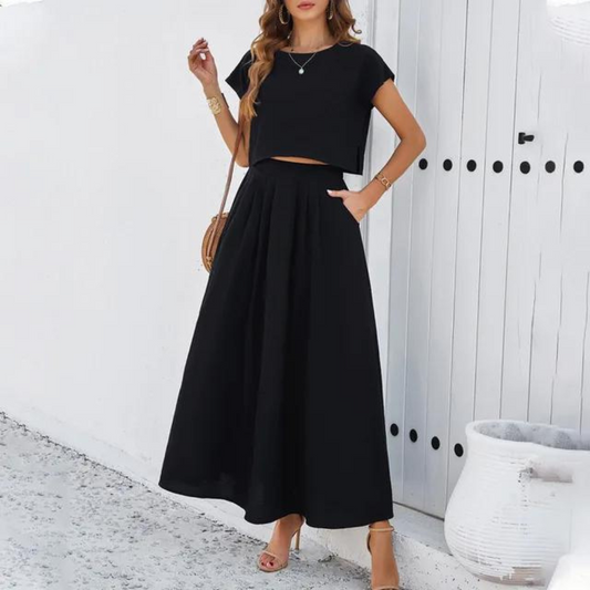 Vyra - Elegante conjunto de camiseta crop y falda larga