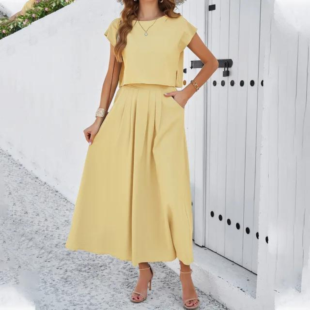 Vyra - Elegante conjunto de camiseta crop y falda larga