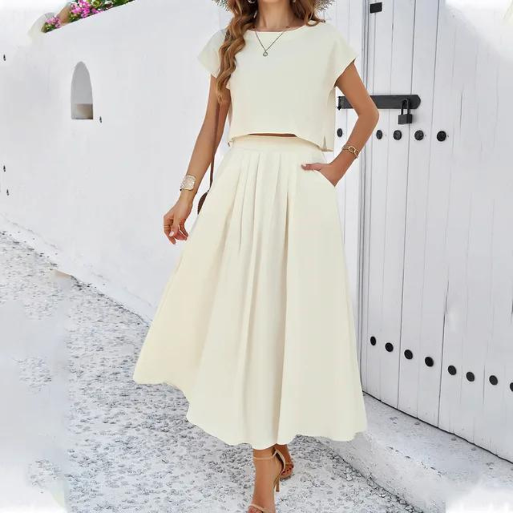 Vyra - Elegante conjunto de camiseta crop y falda larga