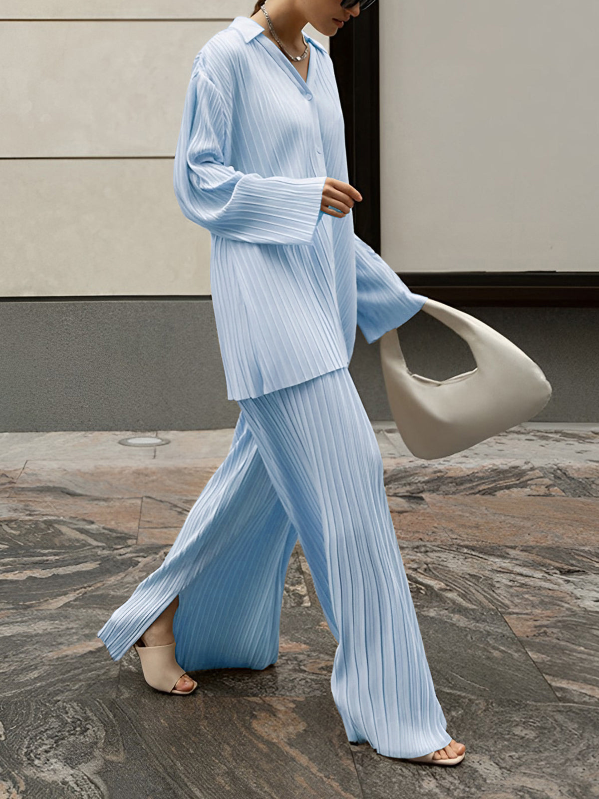 Valery - Elegante conjunto de blusa plisada de manga larga y pantalón ancho