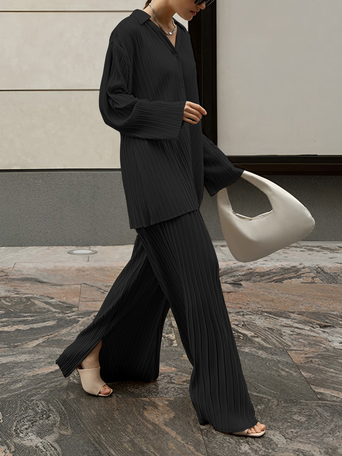 Valery - Elegante conjunto de blusa plisada de manga larga y pantalón ancho