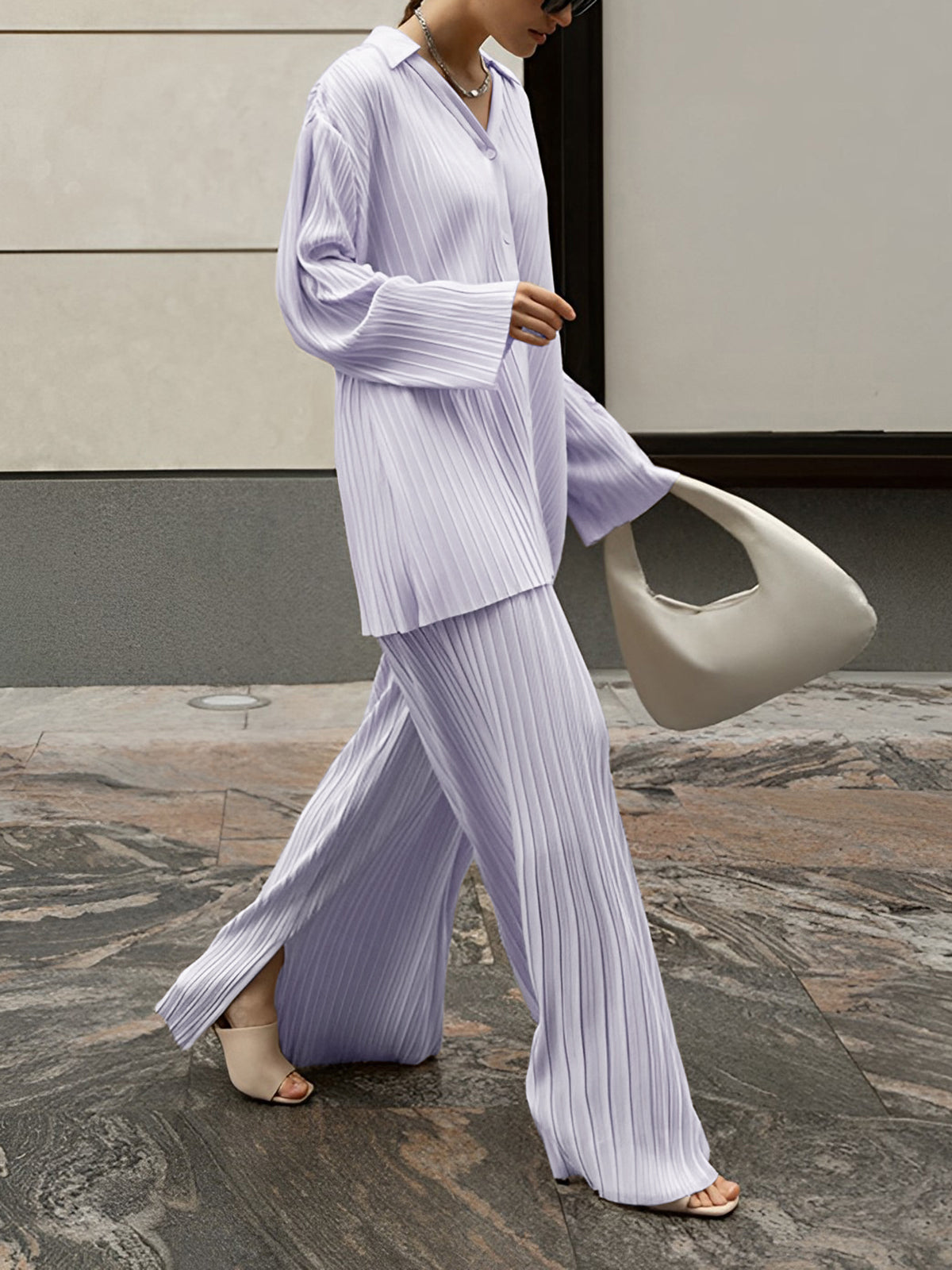 Valery - Elegante conjunto de blusa plisada de manga larga y pantalón ancho