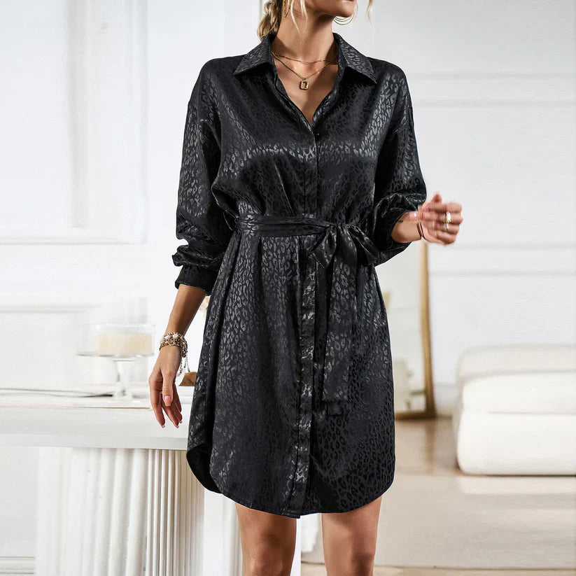 Wendelynn - Elegante mini vestido de manga larga estilo leopardo con cinturón