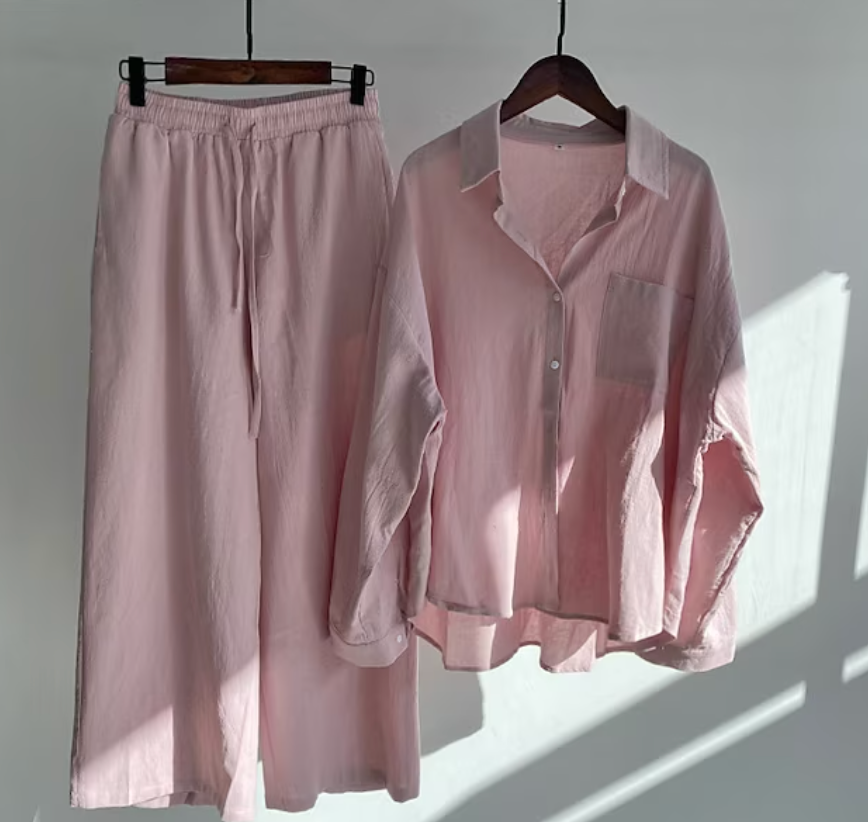 Chantelle - Elegante conjunto informal de blusa de manga larga abotonada y pantalón de pierna ancha