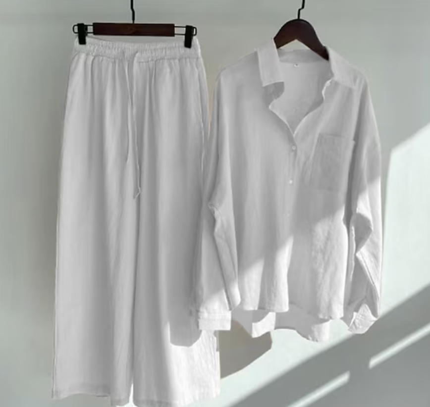Chantelle - Elegante conjunto informal de blusa de manga larga abotonada y pantalón de pierna ancha
