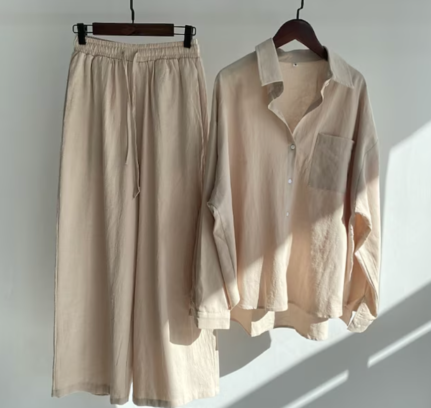 Chantelle - Elegante conjunto informal de blusa de manga larga abotonada y pantalón de pierna ancha