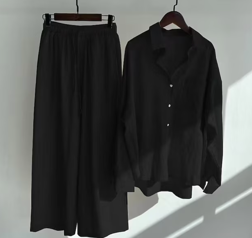 Chantelle - Elegante conjunto informal de blusa de manga larga abotonada y pantalón de pierna ancha