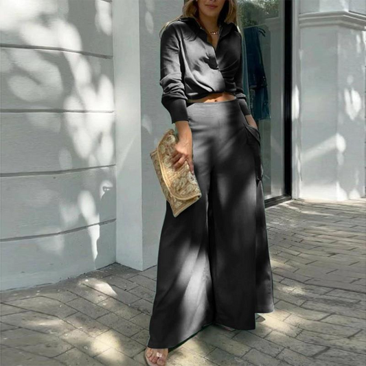 Althea - Elegante blusa crop de manga larga y pantalón de pata ancha