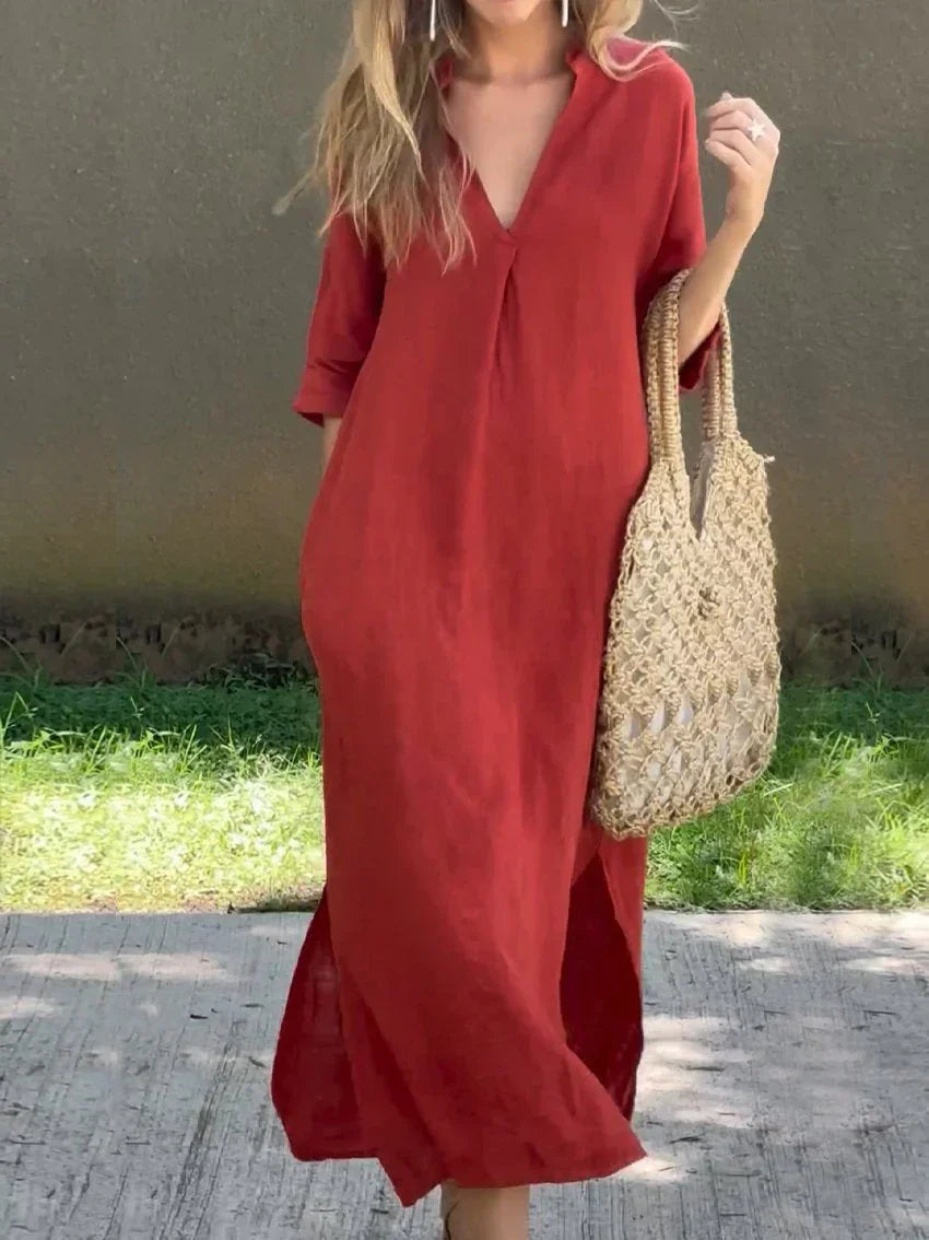 Janela - Vestido de media manga con escote en V profundo, cómodo y holgado