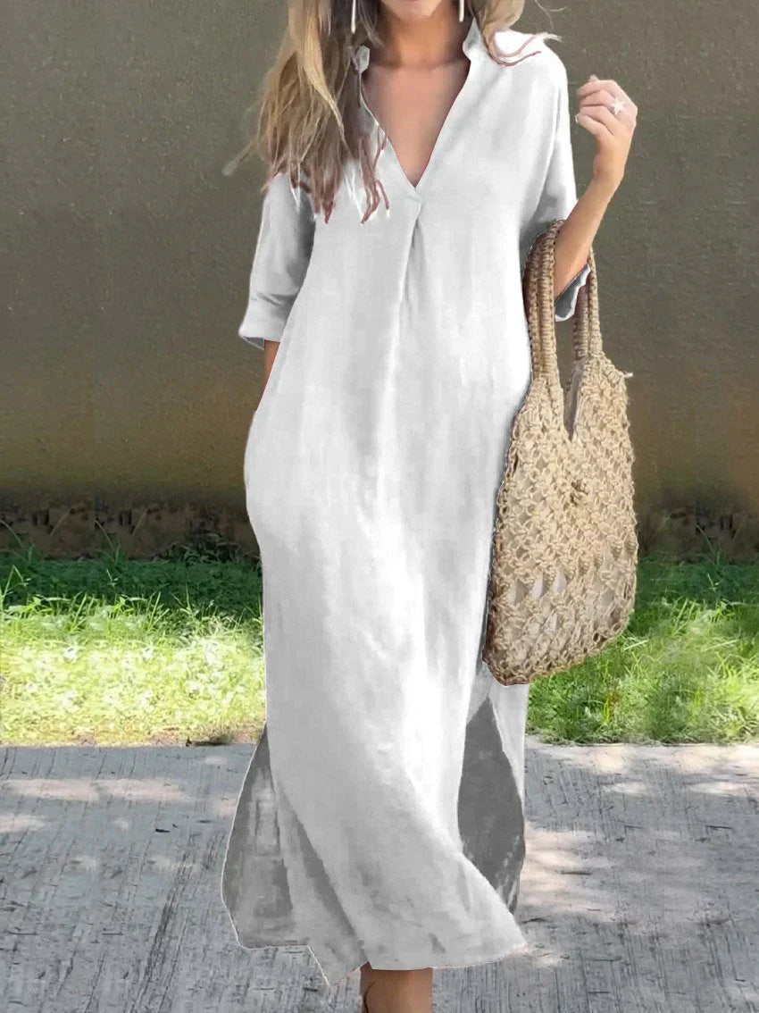 Janela - Vestido de media manga con escote en V profundo, cómodo y holgado