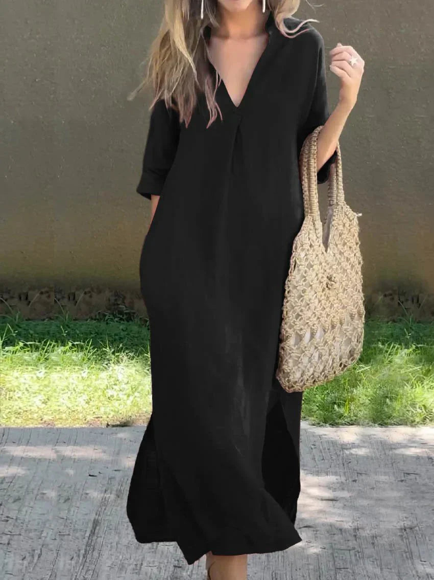 Janela - Vestido de media manga con escote en V profundo, cómodo y holgado